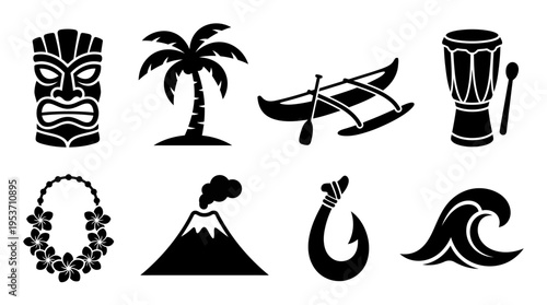 Polynesian Island Life & Culture Vector Icon Set – Dynamic Vectors Featuring Tiki Masks, Palm Trees, Canoes, Volcanoes, Leis, Drums, Fish Hooks, and Waves