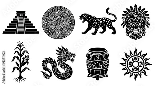 Mesoamerican Civilization & Mythology Vector Icon Set – Powerful Vectors Featuring Temples, Calendars, Jaguars, Masks, Corn, Drums, Mountains, and Serpents