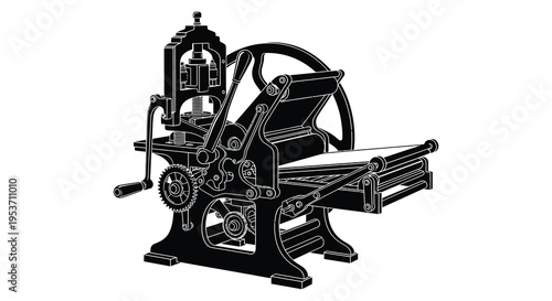 A detailed black and white illustration of an antique printing press showcasing its complex mechanics silhouette high quality professional modern elegant