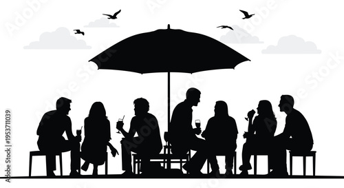 A group enjoys drinks and conversation under a large parasol depicted in striking black silhouette high quality professional detailed modern elegant