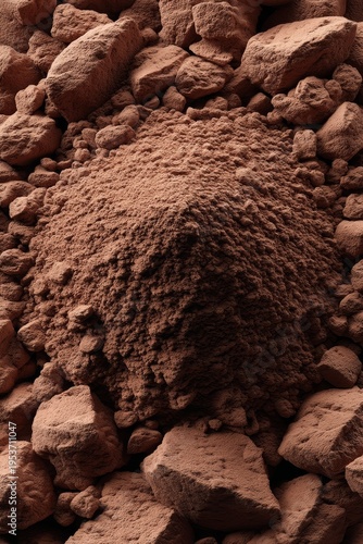 Close-up of a pile of red earth surrounded by larger rocks, showcasing natural textures and earthy tones.