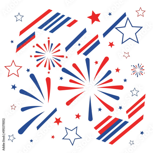 A patriotic graphic with stars, stripes, and fireworks