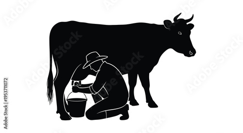 A black silhouette depicts a farmer milking a cow in a rural setting showcasing traditional agricultural life silhouette high quality professional