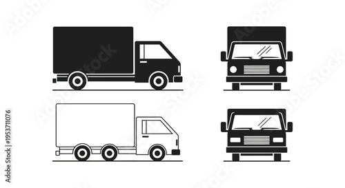 Four black silhouettes of delivery trucks displayed in varied orientations showcasing both side and front views silhouette high quality professional