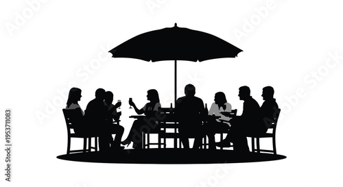 A group of people are dining outside at a table with an umbrella presented as a striking silhouette high quality professional