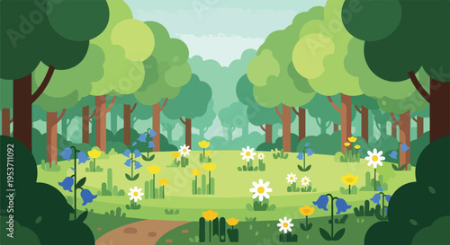 A peaceful forest scene with trees, flowers, and a path