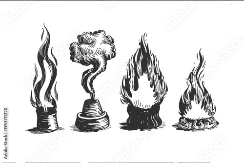 Vintage Illustration of Four Different Flames and Smoke Puffs
