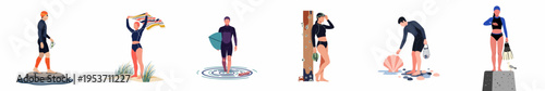 Flat illustration collection of diverse people in wetsuits engaged in various water sports and ocean activities like surfing, swimming, and exploring.