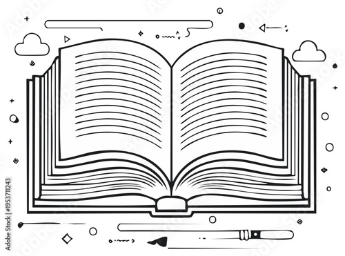 Open Book with Writing Tools and Decorative Elements, Black and White Outline Illustration