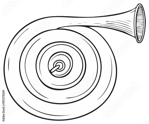 Line Art Drawing of a Musical Instrument Spiraled Horn Showing Curved Lines and Circles Isolated on White for Creative Designs