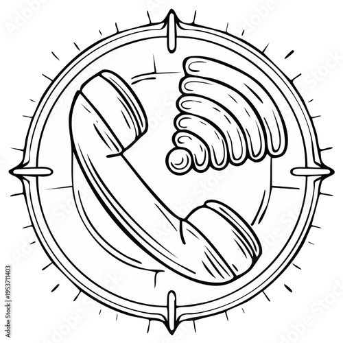 Retro telephone handset with signal icon within a compass rose frame