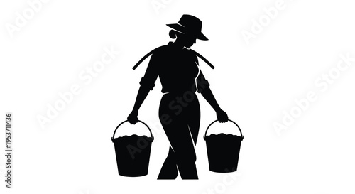 A striking black silhouette depicts a woman carrying two buckets evoking rural life and hard work silhouette high quality professional detailed