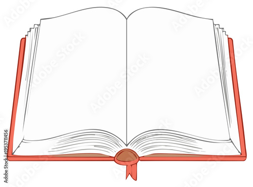 Illustrated open book displaying blank white pages with a red cover and bookmark