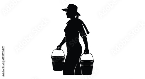 A striking black silhouette depicts a woman carrying two buckets showcasing rural life and agricultural work silhouette high quality professional detailed