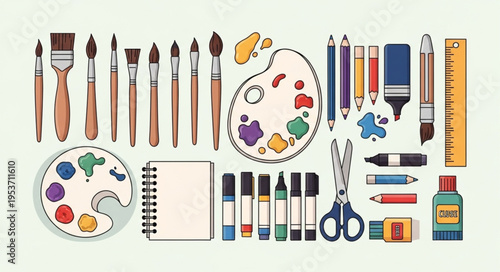 Art Supplies Collection - Brushes, Palette, Markers, and More for Creative Projects.