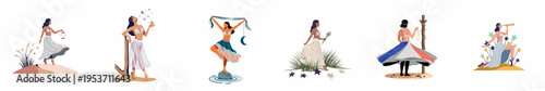 Set of Six Mystical and Bohemian Illustrations Featuring Ethereal Women with Celestial Elements like Stars, Moon, and Lanterns in Minimalist Flat Design Style