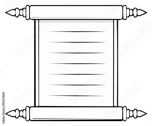 Ancient scroll with lined paper and decorative finials on white