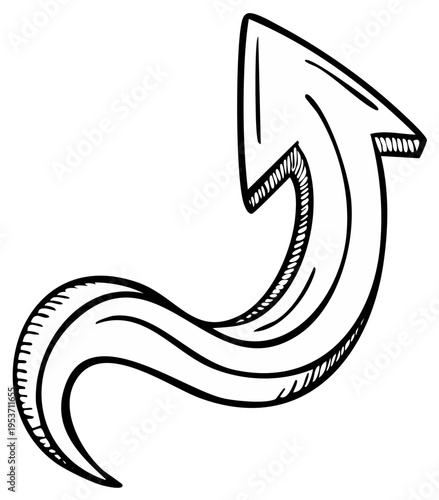 Hand Drawn Upward Pointing Arrow Graphic Illustration with Curved Design and Black Outline