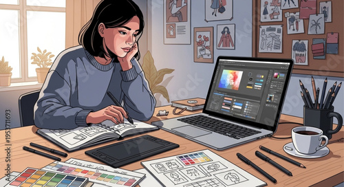 Focused artist working on digital art at her desk.