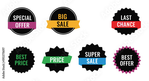A collection of colorful sale badges and labels with bold text against a white background silhouette high quality professional detailed modern
