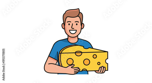 A cheerful man proudly displays a large chunk of swiss cheese showcasing a simple cartoon silhouette high quality professional detailed modern