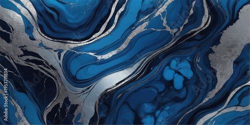 A blue abstract background texture featuring liquid waves of paint and a gold swirl design creates an artistic flow for a modern wallpaper backdrop