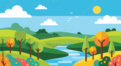 A stylized landscape illustration with river, trees, and rolling hills