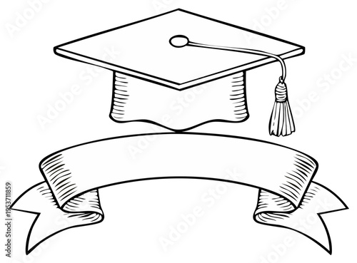 Graduation cap drawing with tassel and ribbon banner for text announcement achievement message.