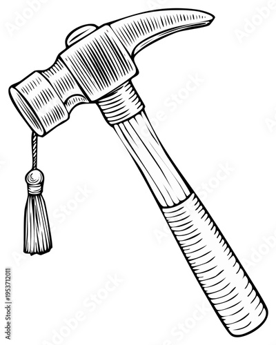 Ceremonial claw hammer with an ornamental tassel in a vintage engraving line art style
