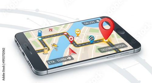 Smartphone Displaying Navigation App with Route and Location Pin.