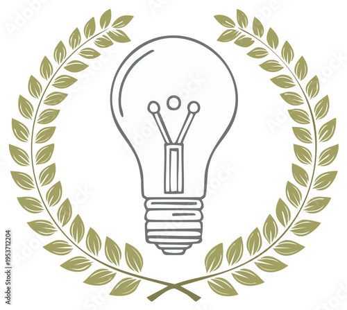 Innovative idea light bulb illustration within a triumphant olive wreath representing success and brilliance