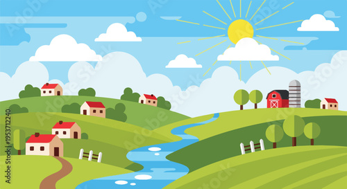 A picturesque cartoon landscape with houses, trees, river, and sun