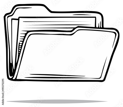 Open Folder with Stacked Documents Black and White Line Art Illustration