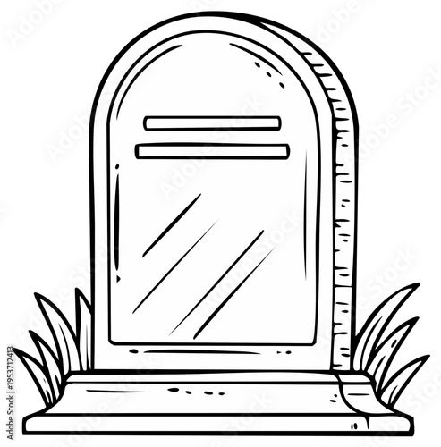 Tombstone with grass hand drawn illustration for Halloween theme coloring pages or spooky designs Cemetery headstone with weeds