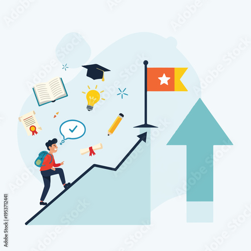A student climbs upward, pursuing success, with knowledge symbols
