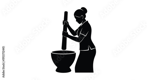 A minimalist depiction of a woman grinding spices with a mortar and pestle rendered as a striking silhouette high quality professional