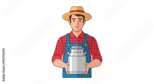A colorful illustration depicts a farmer holding a metal milk can showcasing a flat design silhouette high quality professional detailed modern