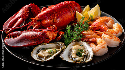 A plate of seafood including lobster shrimp and oysters