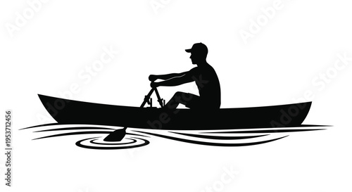 A striking black silhouette depicts a lone rower navigating a small boat across rippling water silhouette high quality professional detailed modern