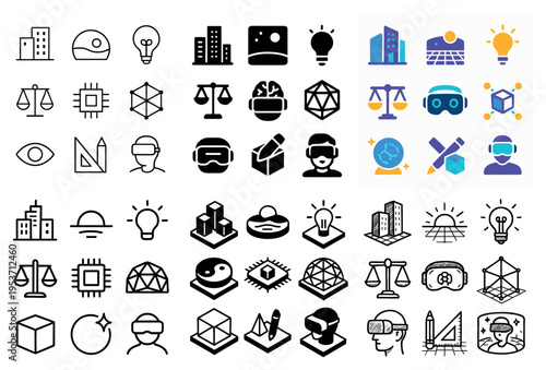 Technology icons with building light bulb scales outline