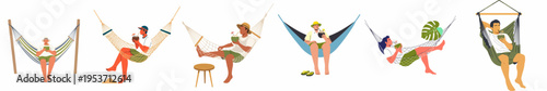Collection of diverse people relaxing in various types of hammocks and enjoying coconut drinks, perfect for summer vacation and leisure concepts.