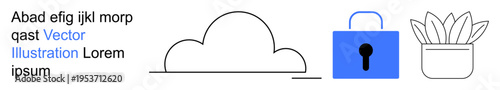 Data protection, technology, online security, digital ecosystems, network safety, privacy concepts. Cloud, locked padlock and potted plant symbols. Data protection and online security concept