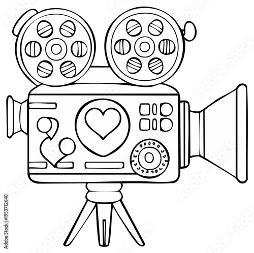 Vintage Movie Camera Outline Drawing with Film Reels, Heart, and Romantic Settings for Video Productions