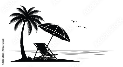 A tranquil beach scene depicting a palm tree beach chair umbrella and birds in a bold silhouette high quality professional detailed