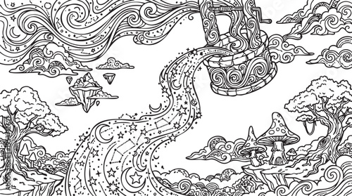Intricate fantasy landscape with a celestial waterfall of stars pouring from a magical well, perfect for imaginative adult coloring