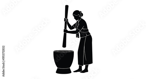 A woman is depicted grinding spices using a traditional mortar and pestle presented as a striking silhouette high quality professional detailed