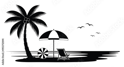 A tropical beach scene with a palm tree beach chair umbrella and ocean waves rendered as a silhouette high quality professional