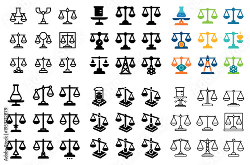 Balance icons with scale beaker flat