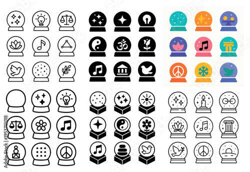 Spiritual icons with crystal ball and symbols outline