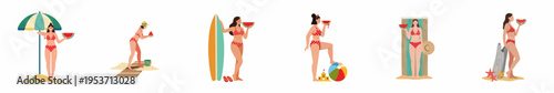 Collection of summer illustrations featuring a woman in a red polka dot bikini enjoying the beach with watermelon, surfboards, and umbrellas.